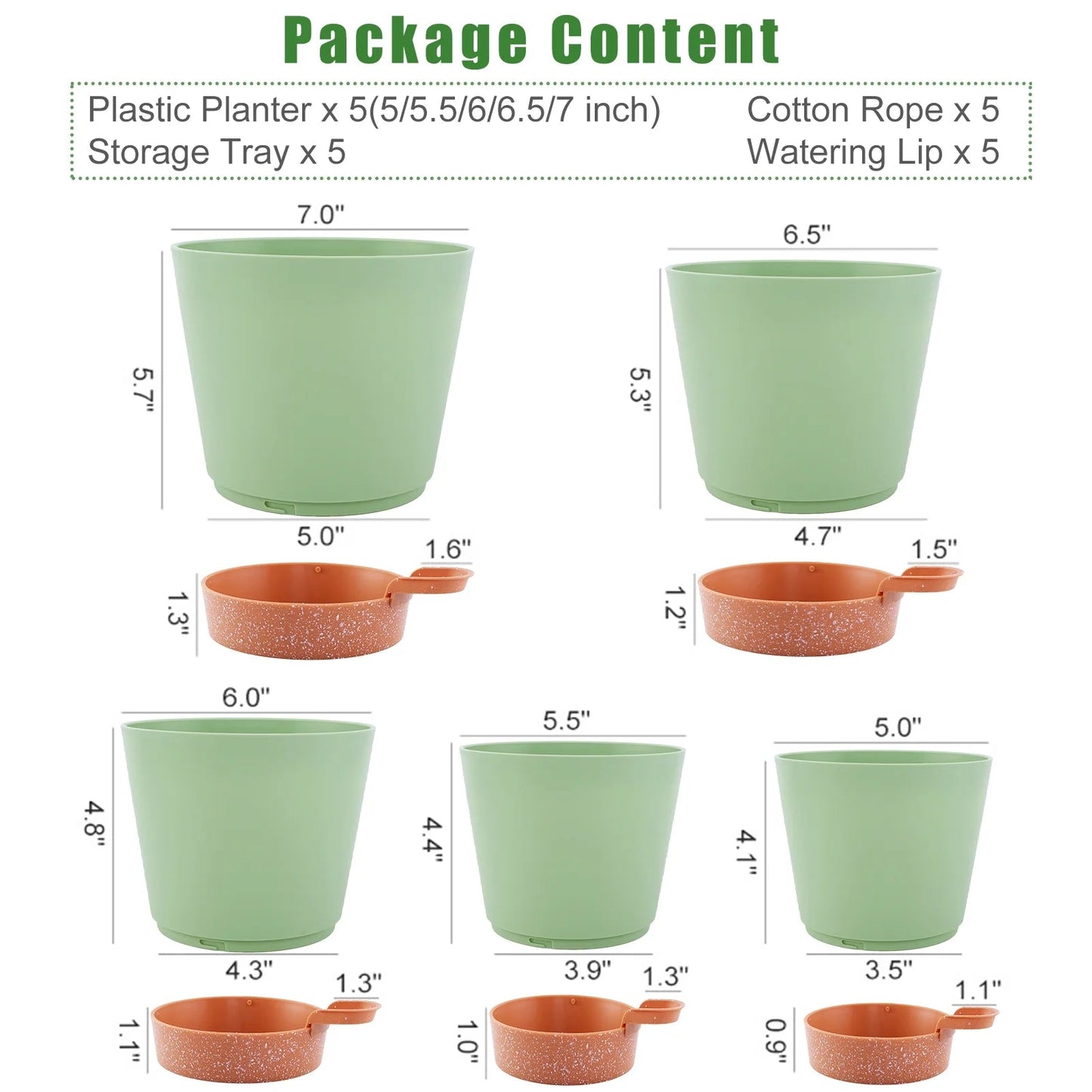 Self Watering Planters, 7/6.5/6/5.5/5 Inch Self Watering Plant Pots with Drainage Hole for Indoor and Outdoor Plants, 5 Pack, Green
