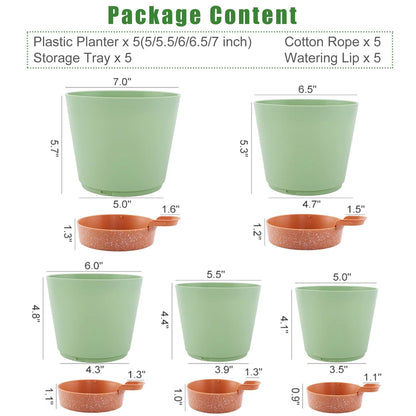 Self Watering Planters, 7/6.5/6/5.5/5 Inch Self Watering Plant Pots with Drainage Hole for Indoor and Outdoor Plants, 5 Pack, Green