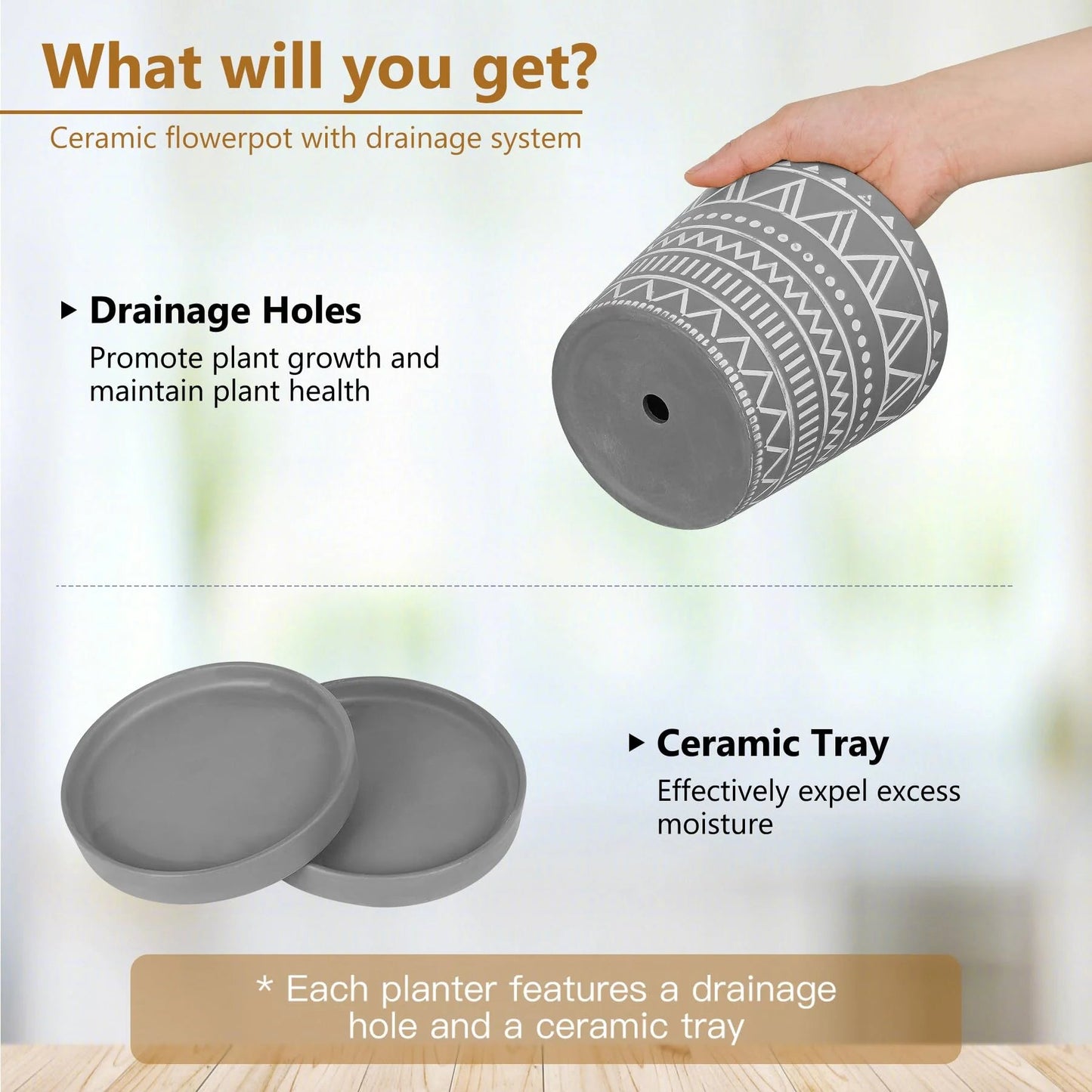 6 Inch Modern Geometric Pattern Flower Pot, Set of 2 - Cement Gray