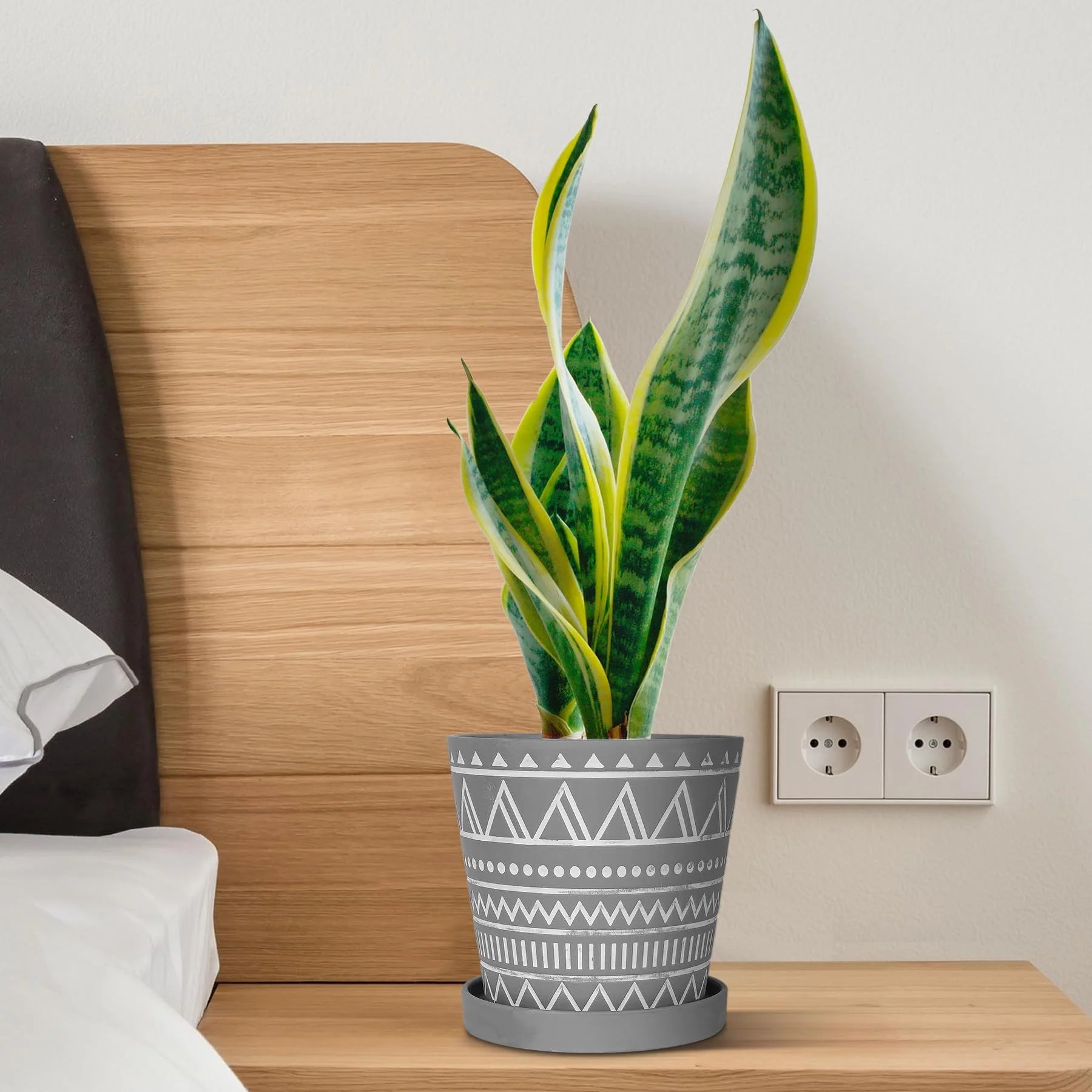 6 Inch Modern Geometric Pattern Flower Pot, Set of 2 - Cement Gray