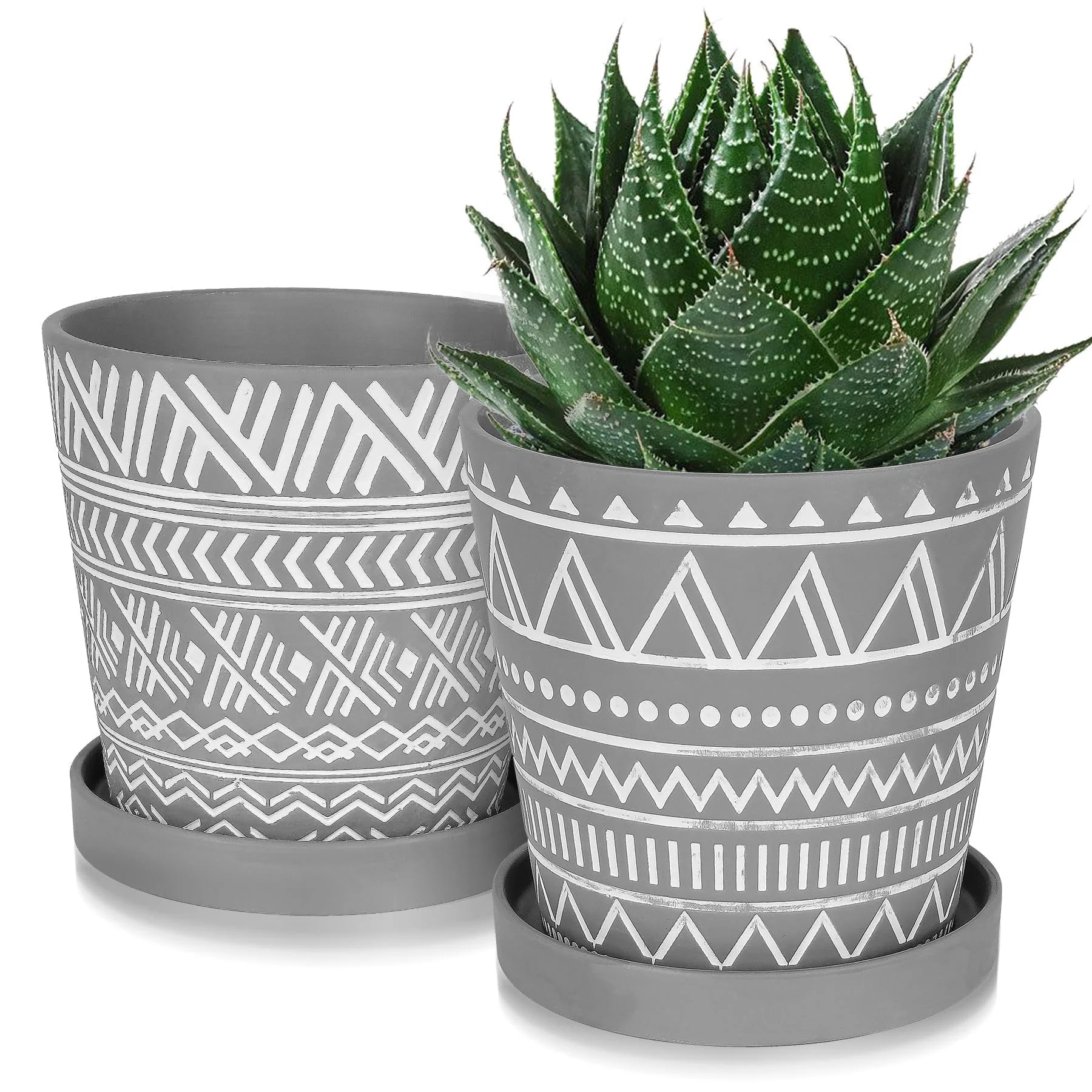 6 Inch Plant Pots Indoor,Ceramic Plant Pots with Drainage Holes and Saucers, Boho Plant Pots Modern Geometric Pattern Flower Pot, Set of 2 - Cement Gray