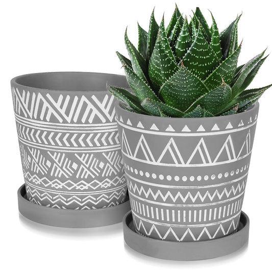 6 Inch Plant Pots Indoor,Ceramic Plant Pots with Drainage Holes and Saucers, Boho Plant Pots Modern Geometric Pattern Flower Pot, Set of 2 - Cement Gray