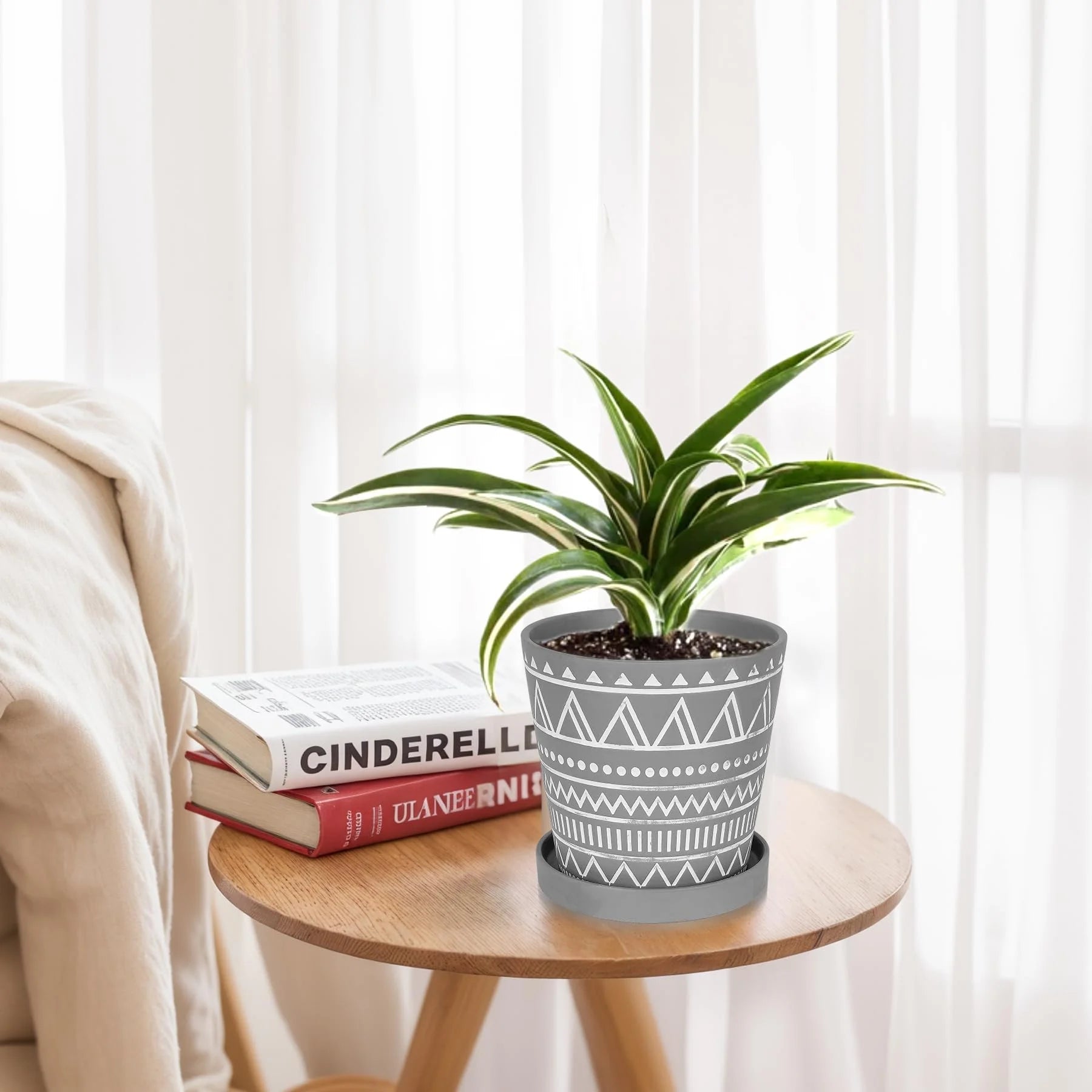 6 Inch Modern Geometric Pattern Flower Pot, Set of 2 - Cement Gray