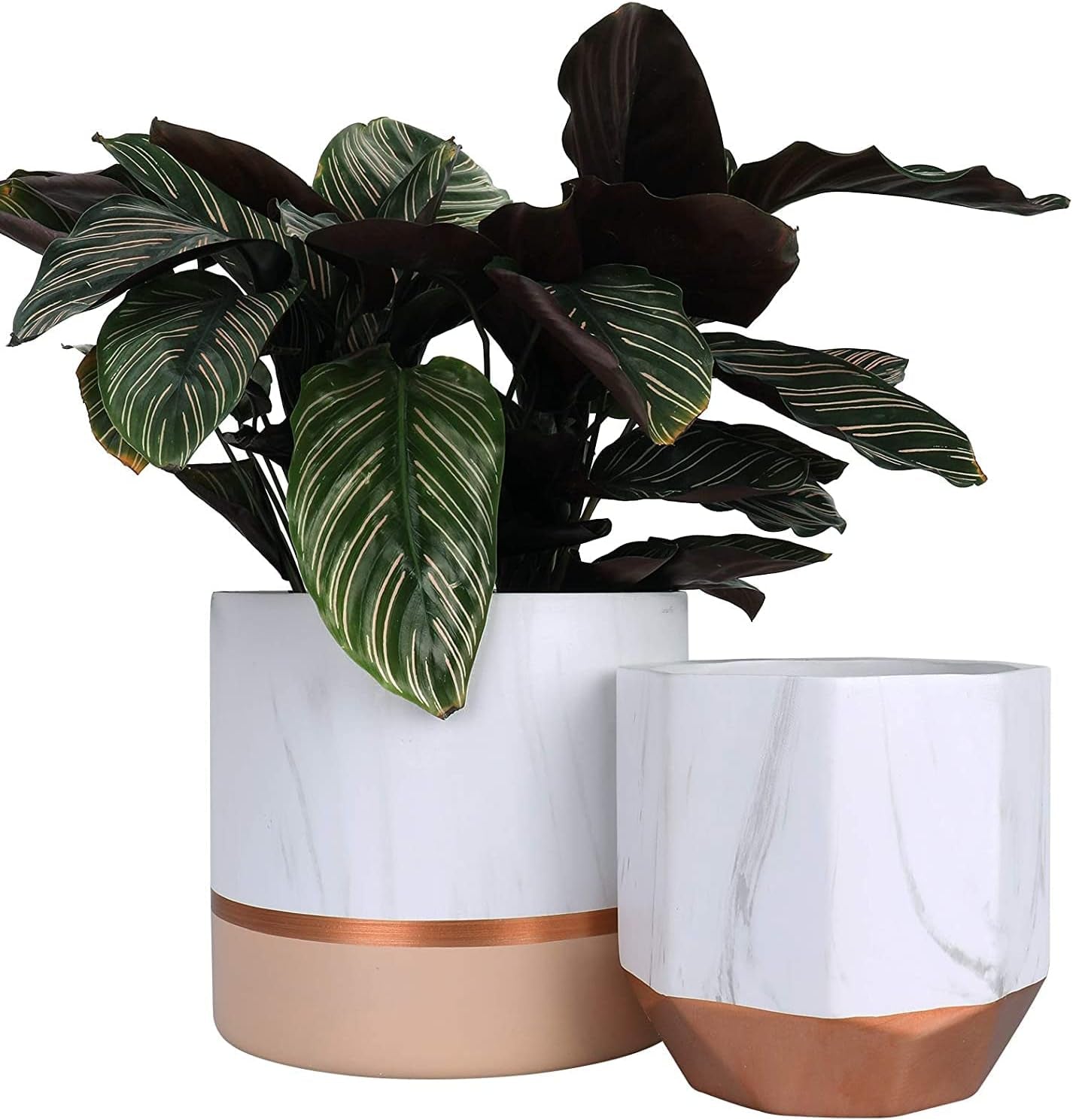 Set of 2 6.7 + 5.4 Inch Indoor Planters, Plant Containers in a Marble Ink Pattern with Rose Gold and Pink Detailing
