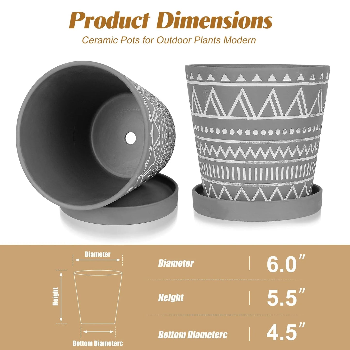 6 Inch Modern Geometric Pattern Flower Pot, Set of 2 - Cement Gray