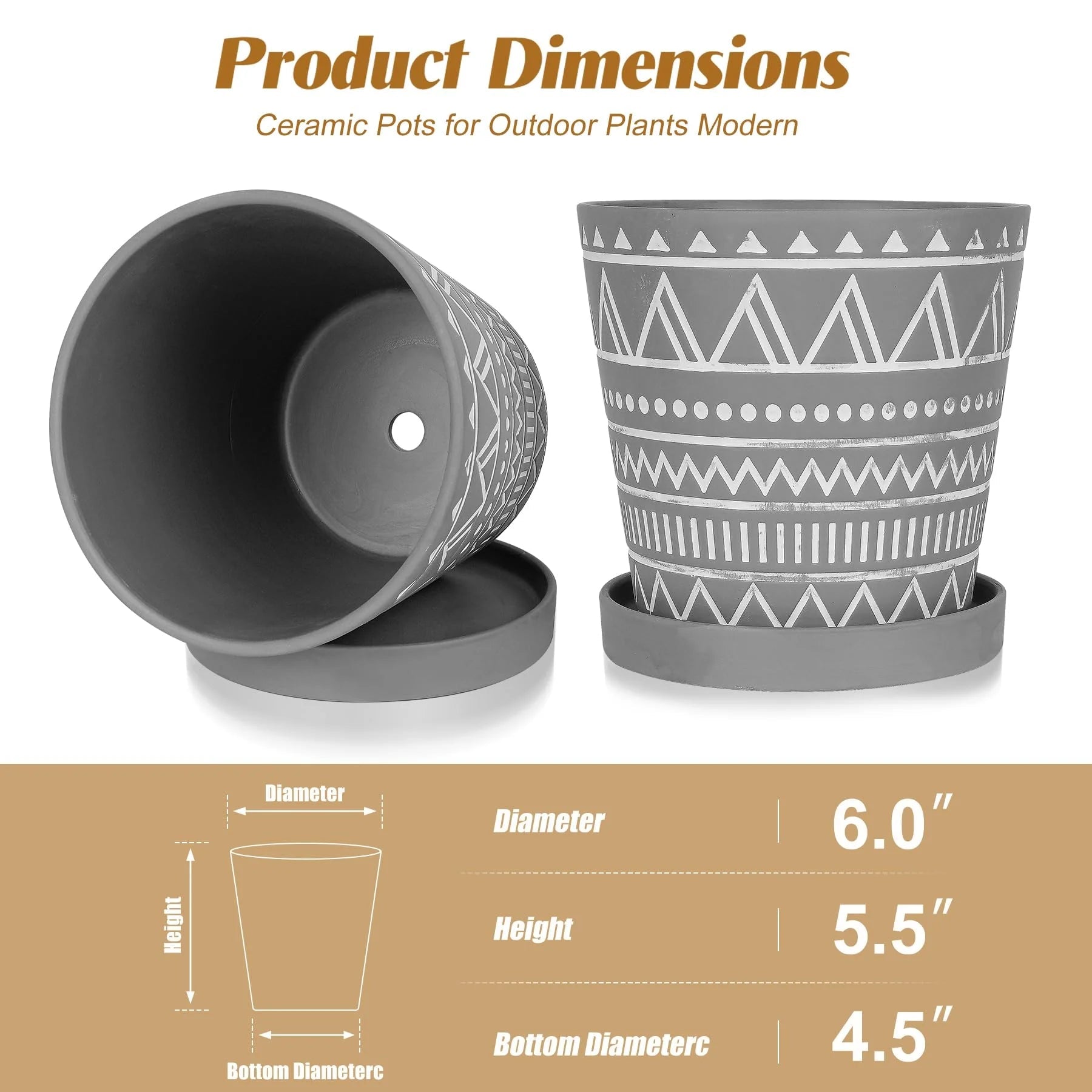 6 Inch Modern Geometric Pattern Flower Pot, Set of 2 - Cement Gray