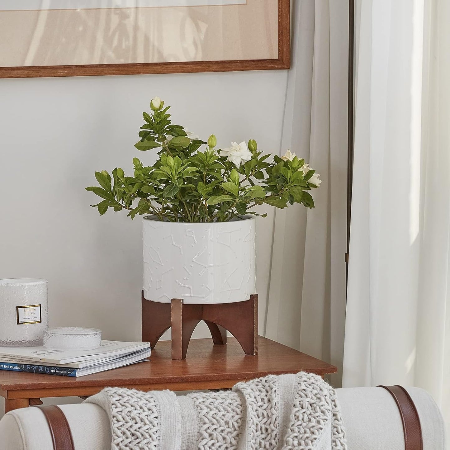 White 8 Inch Ceramic Planter with Stand 