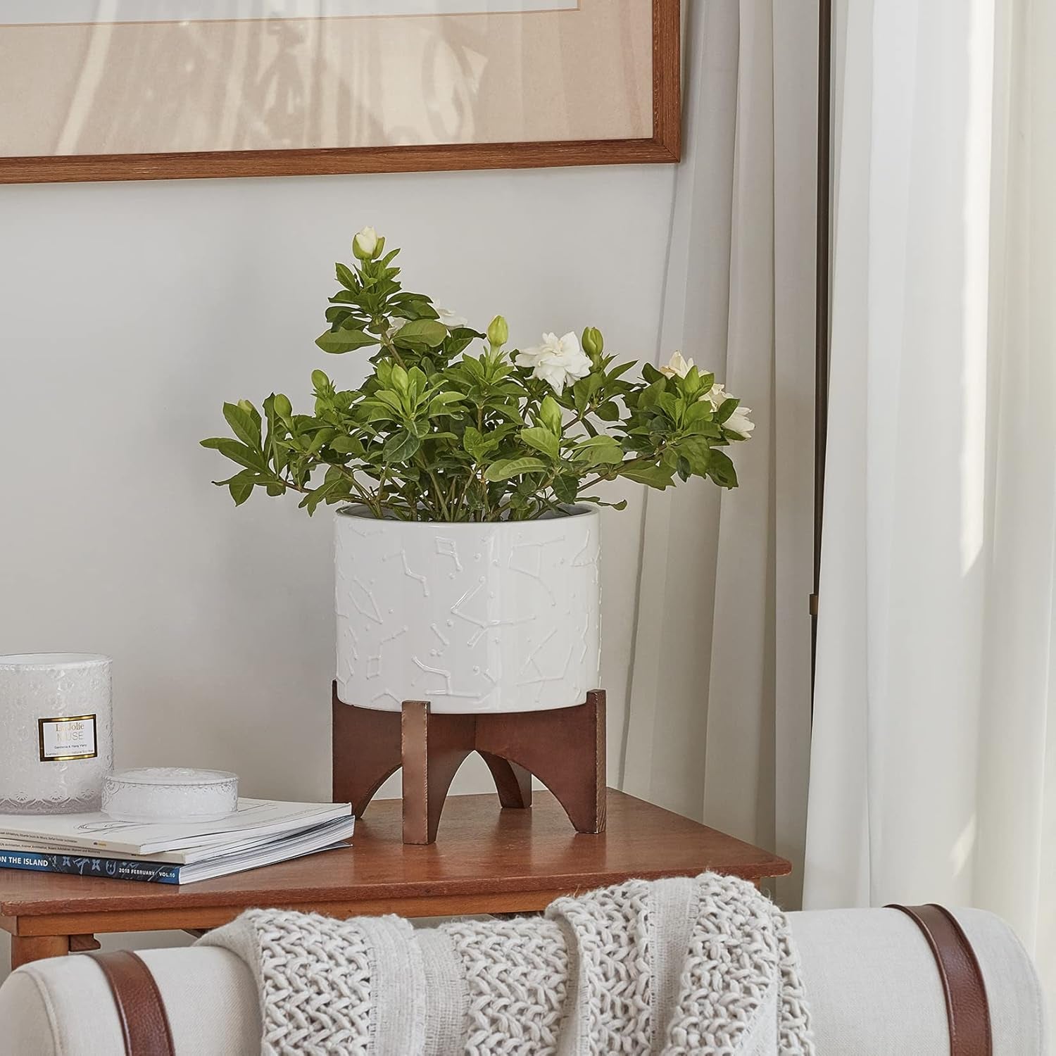 White 8 Inch Ceramic Planter with Stand 