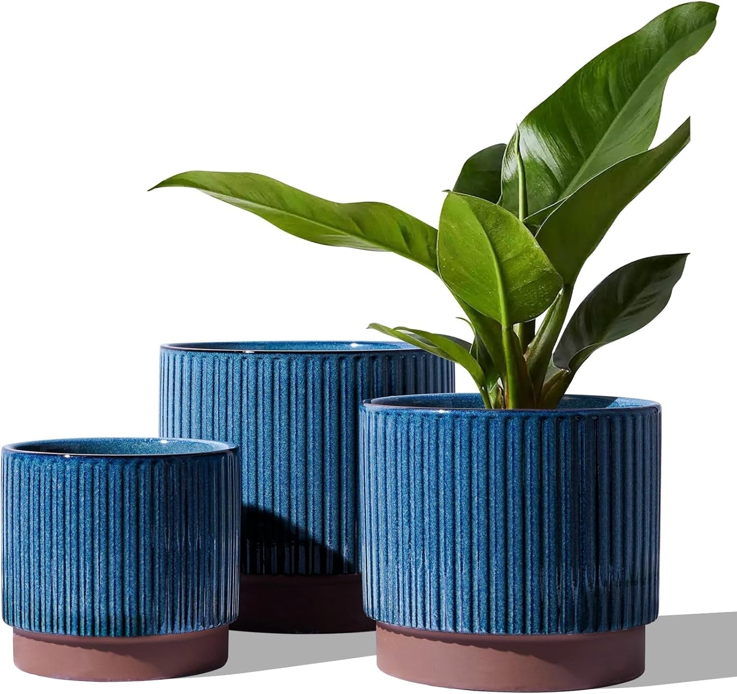  Set of 3 8+6.7+5.5 Inch Blue Stripe Garden Planter Pots