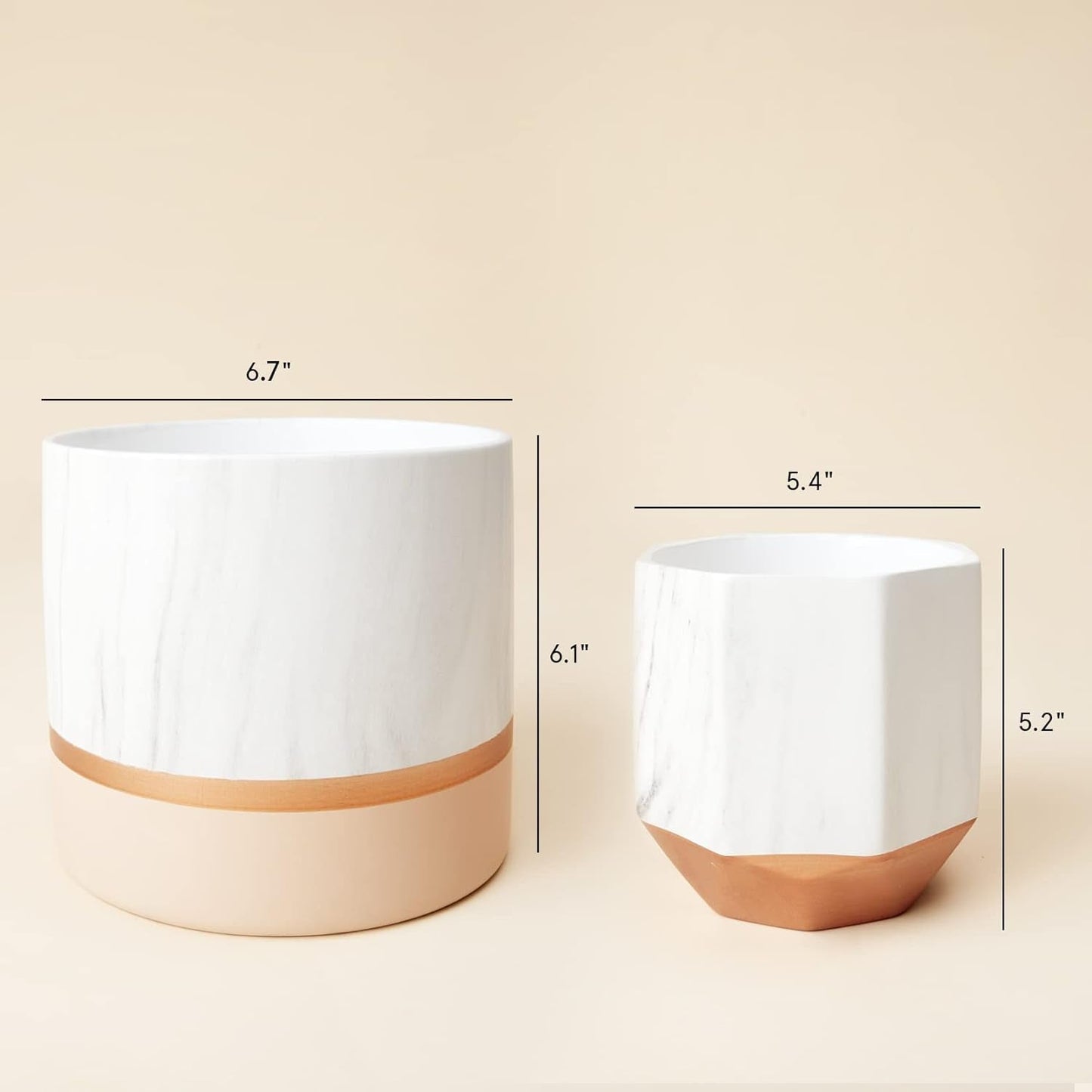 Set of 2 6.7 + 5.4 Inch Indoor Planters, Plant Containers in a Marble Ink Pattern with Rose Gold and Pink Detailing