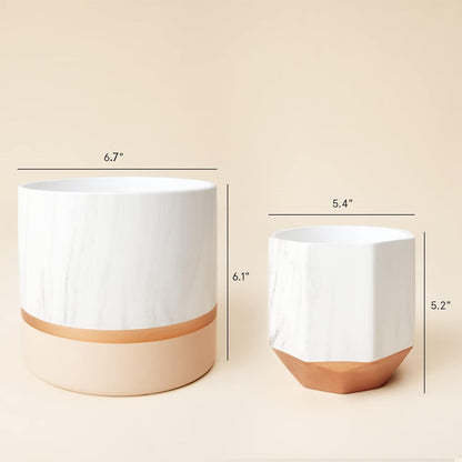 Set of 2 6.7 + 5.4 Inch Indoor Planters, Plant Containers in a Marble Ink Pattern with Rose Gold and Pink Detailing